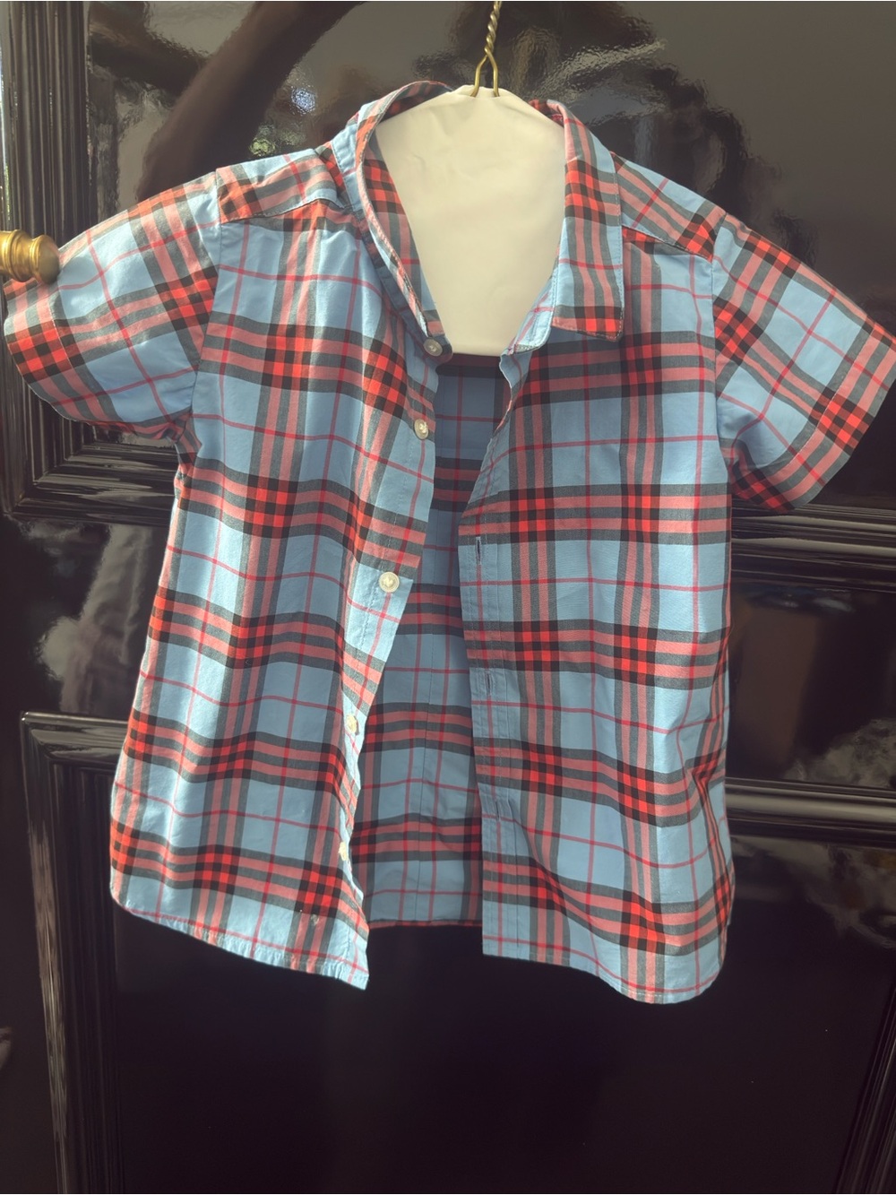 Burberry Blue and Red Plaid Short-Sleeve Button-Down Shirt